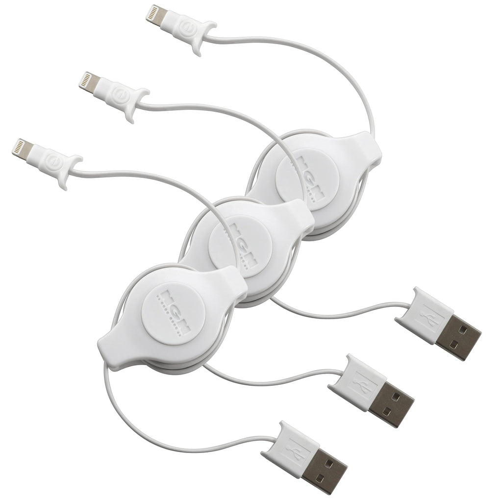 Apple Certified Retractable Lightning Cable | Charge and Sync Lightning® to USB - 3.5 Feet | White (3-Pack)